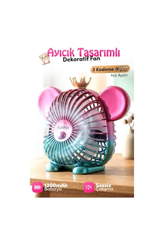 Auhma Aufn16 Dekoratif Ayıcık Masaüstü Fan Pembe Şarjlı, Sessiz, 1200mah Kablosuz Mini Vantilatör