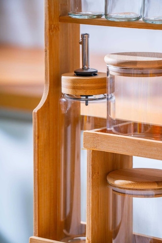 Malibu Bambu Standlı 12 Li Borosilikat Cam Baharatlık Seti Şeffaf