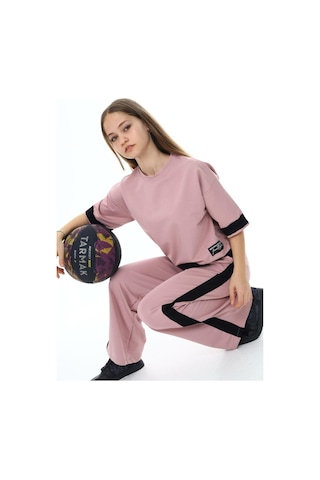 Kız Çocuk %100 Pamuk Oversize Yarım Kol Alt-üst Eşofman Takım-eşt-0013 Pudra
