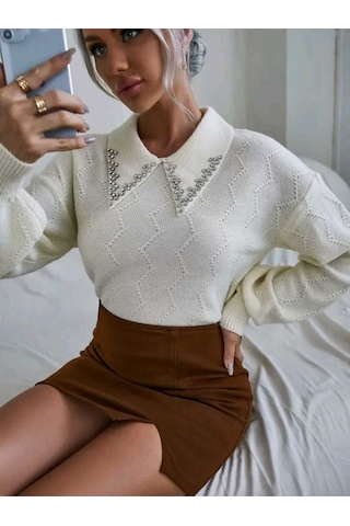 Sayzen Your Shine Taş Işlemeli Gömlek Yaka Triko Kazak Sy-2511 Beyaz