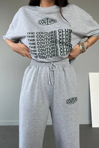 Couture Club T-shirt Eşofman Altı Jogger- Gri Baskılı Alt Üst Eşofman Takım Oversize Bisiklet Yaka Gri-32039