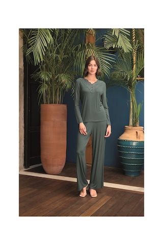 Shafag Home Herşeytrend Uzun Kollu Önü Düğmeli V Yaka Pijama Takımı Yeşil