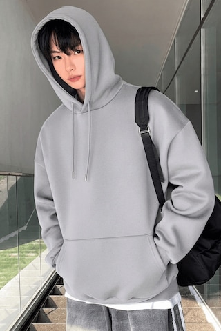 Genius Store Erkek Sweatshirt Kanguru Cepli İçi Polarlı 3 İplik Kapüşonlu Oversize Sweatshirt Kanguru-sweatshırt Açık Gri