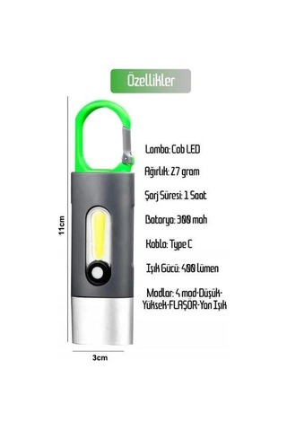 Çok Fonksiyonlu Type-c Girişli Kancalı 750 Lümen Şarjlı 4 Mod Aydınlatma Kamp Lambası Araç Tamirci Çalışma Vb Feneri Gri