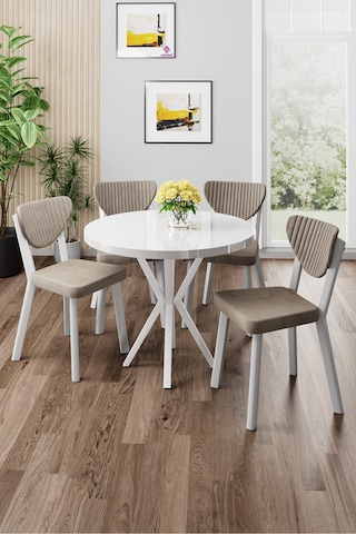 Canisa Agnes Serisi 90x90 Yuvarlak Beyaz Masa Takımı Ve 4 Cappucino Sandalye Masa Beyaz Sandalyeler Cappucıno