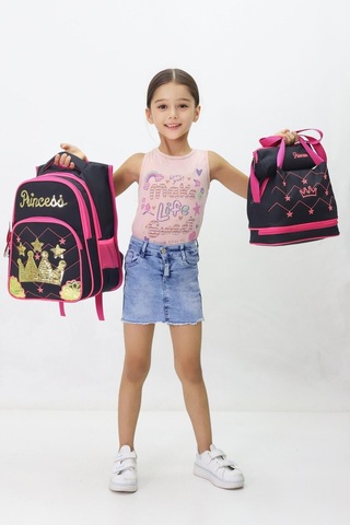 Prenses Temalı Kız Çocuk 3 Lü Okul Çanta Seti Pembe Sırt Çantası Termal Beslenme Çantası Kalemlik Pembe
