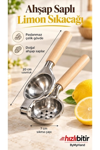 Bymyhand Paslanmaz Çelik Kaplama Ahşap Saplı Limon Sıkacağı Narenciye Sıkacağı Büyük Boy Çok Renkli