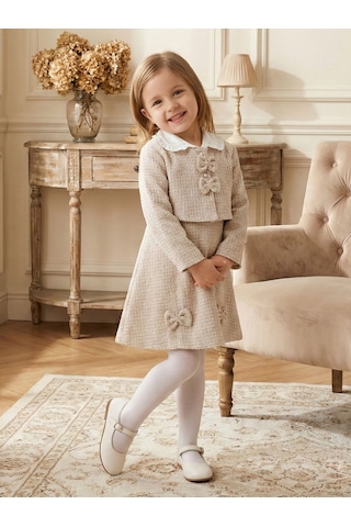Xo Kids Fiyonklu Bebe Yakalı Tüvit Kız Çocuk 3lü Bej Elbise Takımı 3-7 Yaş 4410 Bej