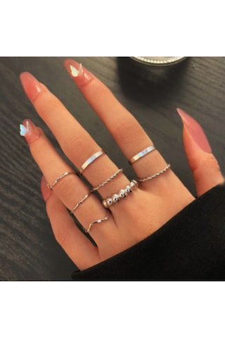 Girift Vintage Chic Metal 8 Adet Halka Yüzük Seti Gri