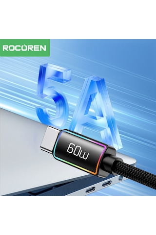 Rocoren 60w Type-c To Type-c Rgb Aydınlatmalı Örgülü Şarj Ve Data Kablosu 1 Metre
