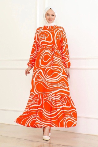 Çizgi Desenli Viskon Elbise - Turuncu Turuncu