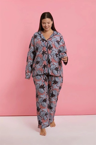 Kadın Büyük Beden Somon Yaprak Desenli Düğmeli Pijama Takımı Somon