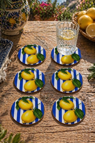 Çizgili Limon Desenli Bardak Altlığı 6lı Set 9 Cm Mdf Çok Renkli