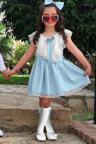 Riccotarz Kız Çocuk V Yaka Omuzları Ve Etek Ucu Dantel İşlemeli Mavi Elbise Mavi