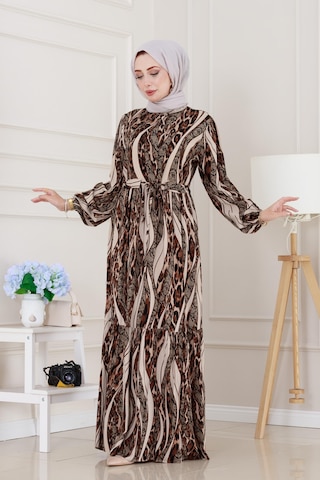 Sevitli Leopar Desenli Beli Tünelli Viscon Elbise-bej-5088 Bej