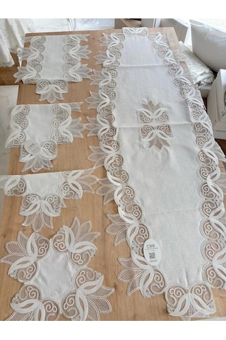 Northcity Salon Takımı Çeyizlik Kreme Gümüş Runner Set 5 Parça Keten Ranır Masa Konsol Sehpa Örtüsü Kayla