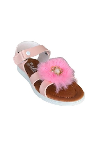 Cırtlı Peluş Fiyonklu Kız Çocuk Sandalet Pudra-pudra Pudra