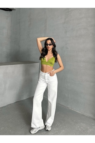 Shevega Kadın Beyaz Yüksek Bel Paça Kesik Bol Paça Jeans Pantolon Beyaz