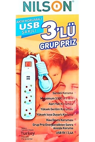 Nilson 3'lü 2 Metre 2 Usb Akım Korumalı Priz