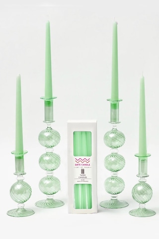 Yeşil Pastel Renk Konik Şamdan Mum - 4'lü Set Yeşil