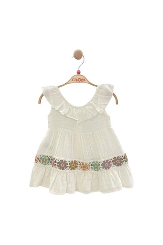 Çikoby Kız Bebek Motifli Yakası Fırfırlı Elbise-13952 Ekru