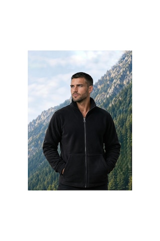 Givoria Erkek Kışlık Fermuarlı Cepli Polar Hırka Outdoor Siyah Siyah