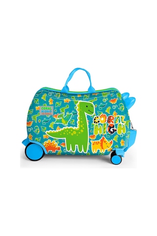 Coral High Kids Mavi Yeşil Dinozor Desenli Otur-çek Çocuk Valizi 16361 Yeşil