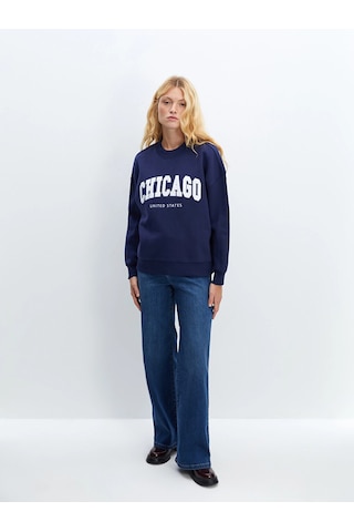 LC Waikiki Lcw Vision Lacivert Bisiklet Yaka Baskılı Oversize Kadın Kalın Sweatshirt Lacivert Hfh