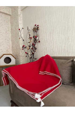 Püsküllü Çoban Dikişli Tek Kişilik Polar Battaniye 150x180 Cm Kırmızı