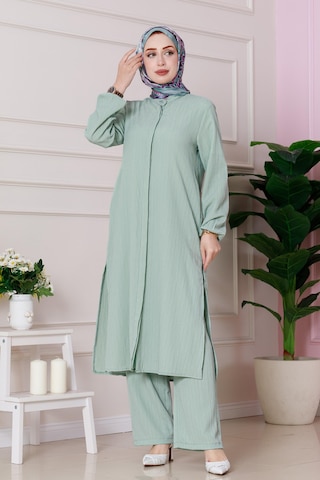 Sevitli Yırtmaç Detaylı Tunik Pantolon Takım-mint Yeşili-4862