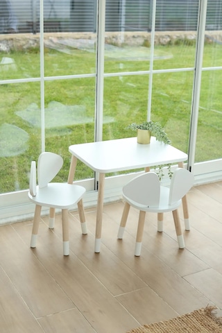 White Mickey Fare 1 Masa + 2 Sandalye (Çocuklar için Yaz-Sil Montessori Aktivite ve Etkinlik Masa Sandalye Takımı)