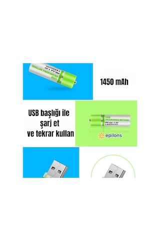 Usb Şarjlı 1450mah Aa 1.2v Lityum Kalem Pil 2 Li Set Dönüşümlü Batarya
