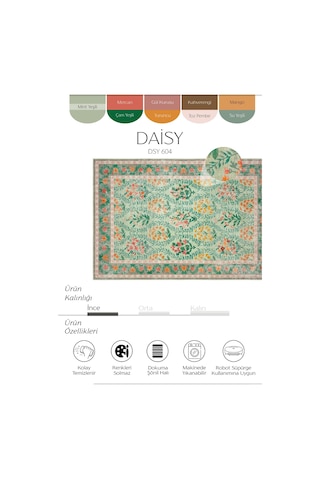 Cool Halı Daisy Su Yeşili Yıkanabilir Çiçekli Dokuma Şönil Halı Bohem Eskitme Vintage Oda Halısı Yeşil