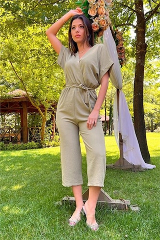 Neşeli Butik Kadın Yeşil Kruvaze Yaka Bağlama Detaylı Ayrobin Tulum Nb10049 Yeşil