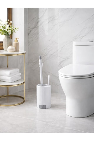Modern Çizgili Tuvalet Fırçası Ve Standı Kapalı Hazneli, Şık Wc Fırçası Seti Vıchy-7039 Gümüş