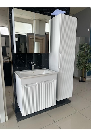 Noce Aynalı Cnc İşlemeli Membran Kapaklı Banyo Dolabı 65 CM Beyaz