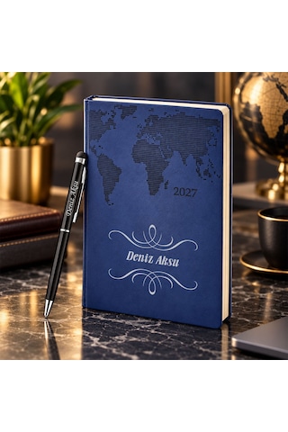Bk Gift Kişiye Özel 378 Termo Deri Tarihli Ajanda & Siyah Touch Pen Tükenmez Kalem-1 Lacivert