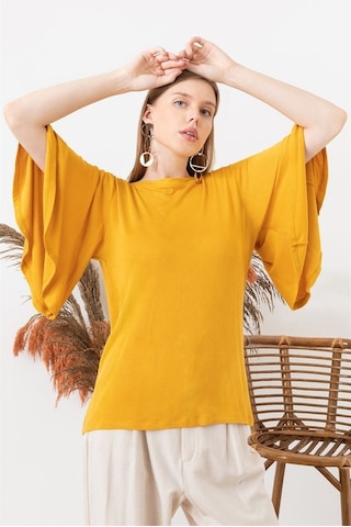 Aqe Fashion Kadın Hardal Kolu Volanlı Kayık Yaka Bluz-Hardal