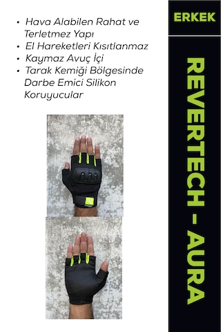 Revertech Aura Siyah - Neon / Yarım Parmak - Kaymaz Avuç İçi Özellikli Motosiklet Eldiveni Erkek