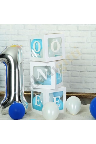 One Yazılı Beyaz Kutu ve Balon Seti Erkek Bebek 1 Yaş Doğum Günü Kutlama