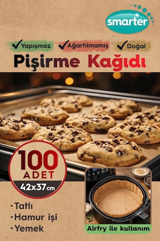 Smarter 100 Adet Ağartılmamış Hazır Kesilmiş Pişirme Kağıdı Airfryer 42x37cm Yapışmaz