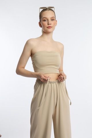 Quhox Kadın Allegro Kumaş Askısız Crop Top Vizon