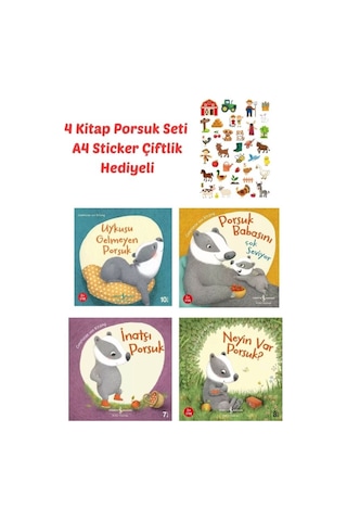Sticker Hediyeli 4 Kitap Porsukset , İnatçı, Neyin Var, Babasını Çok Seviyor, Uykusu Gelmeyen Porsuk