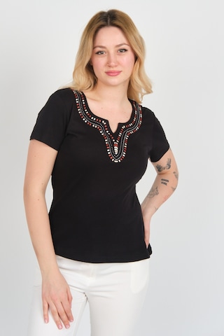 Ella Camelia Kadın Açma Yaka Taşlı Ve Desenli Pamuklu Bluz 23e010 Siyah Siyah