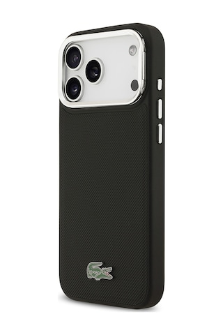 Apple Uyumlu iPhone 17 Pro Max Kılıf Lacoste Lisanslı M-safe Şarjlı Pu Pike Desenli Standlı Metal Logolu Siyah