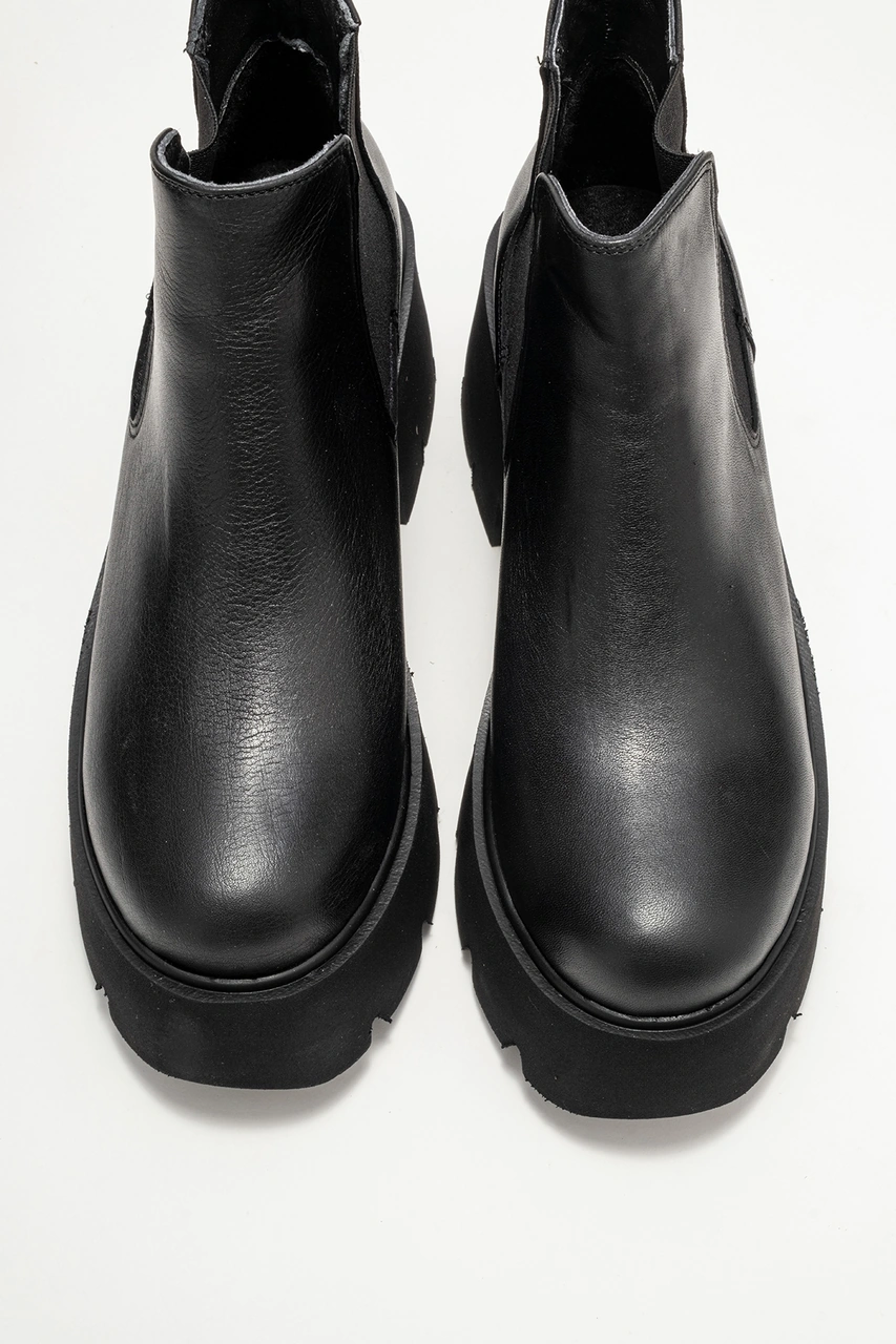 Luvishoes Clen Siyah Cilt Hakiki Deri Lastikli Kadın Kalın Tabanlı Bot Siyah-Cilt