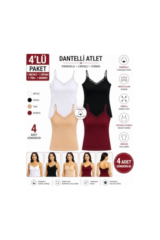 Comfort Secret Kadın 4 Lü Paket Dantelli Atlet İp Askılı Pamuklu Likralı Basic Atlet Beyaz Siyah Ten Bordo Bordo Siyah Beyaz Ten