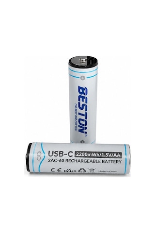 Usb Type-c Şarj Edilebilir Lityum 2'li Kalem Pil Seti 1.5v Aa / 2220 Mwh Kablo Dahil Sabit Voltajlı Pil