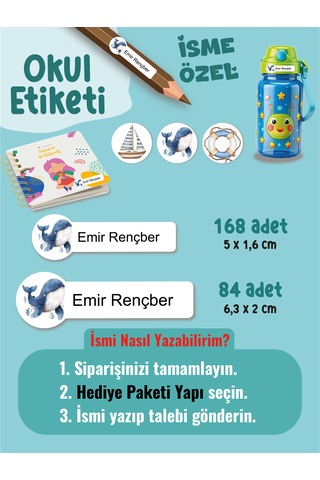 Okul Etiketi Kalem Defter Etiketi Mavi Balina Temalı Özel İsim Yazılabilen Etiket - 252adet