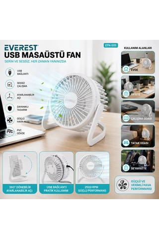 Usb Şarjlı - Pvc Gövde 14.5x14.1cm Masa Üstü Fan - Vantilatör Efn-505 5580